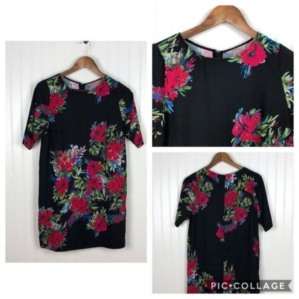 Darling Floral Shift Dress Womens S Polyester Black Pink Short Sleeve